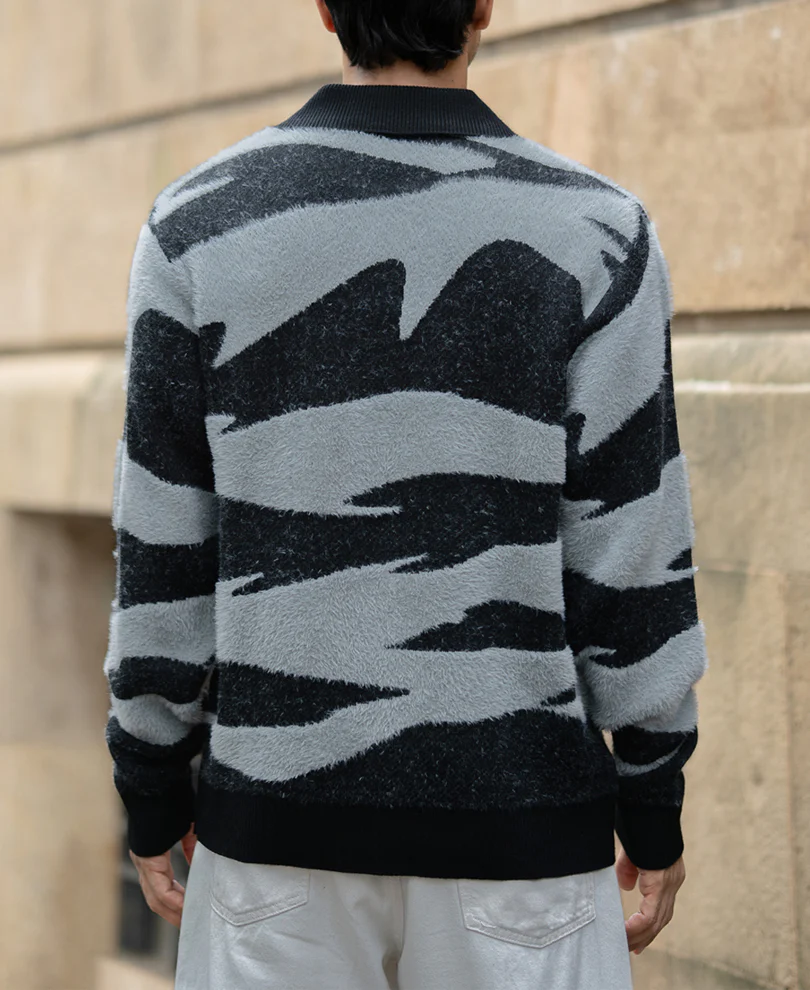 Black Abstract Jacquard Knit Polo T-Shirt - Image 5