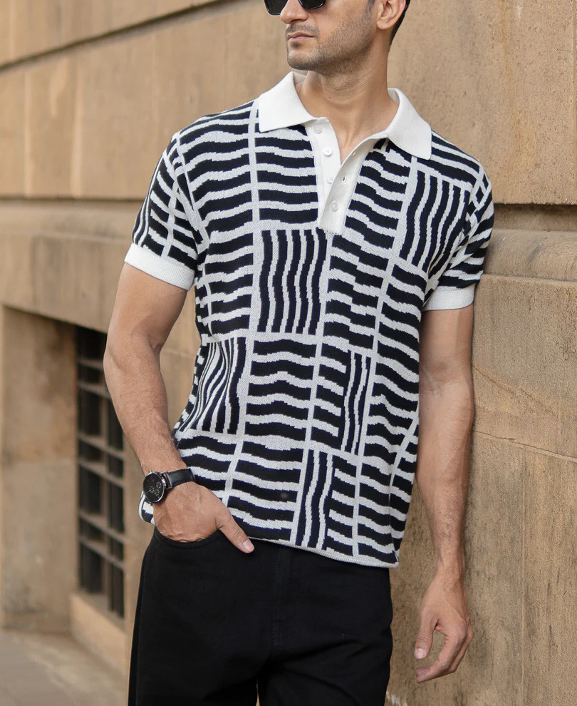 Black Abstract Jacquard T-Shirt 100% Cotton - Image 2