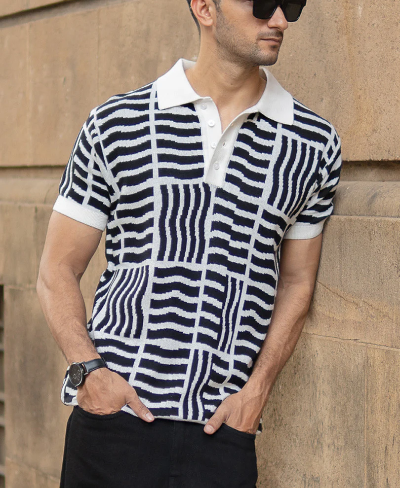 Black Abstract Jacquard T-Shirt 100% Cotton - Image 4