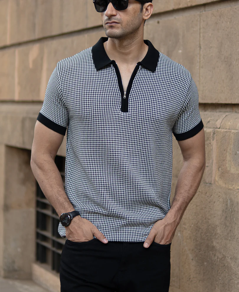 Black And White Knit Polo T-Shirt 100% Cotton - Image 3