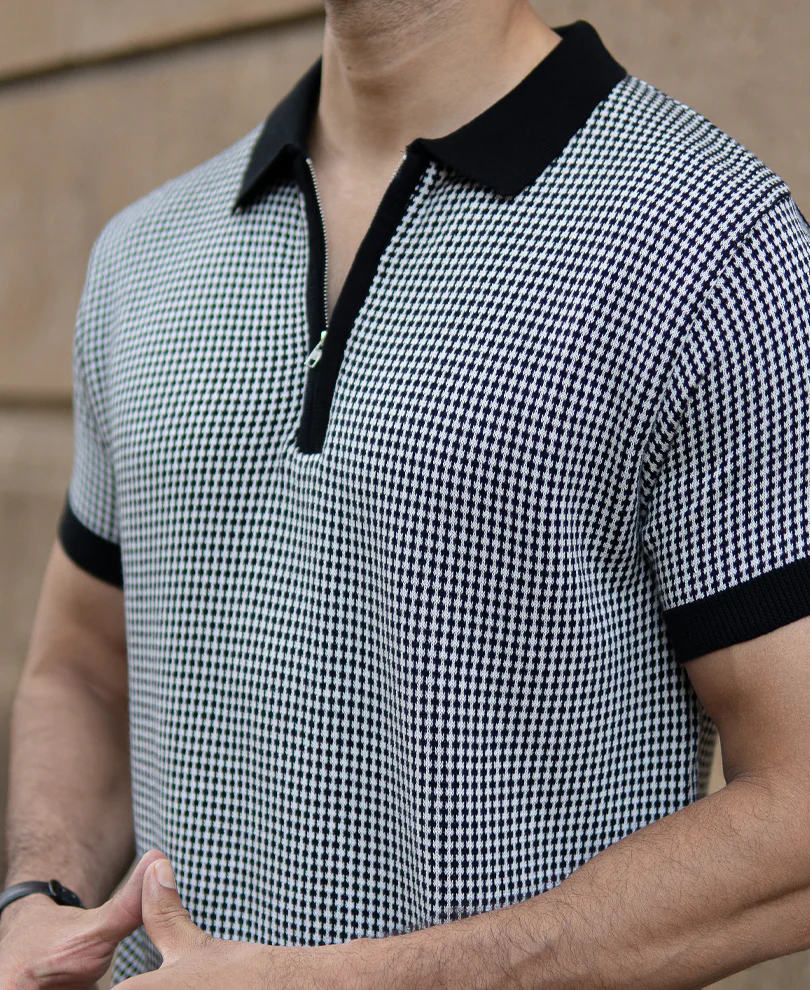 Black And White Knit Polo T-Shirt 100% Cotton - Image 5