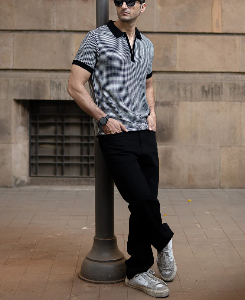 Black And White Knit Polo T-Shirt 100% Cotton - Image 7