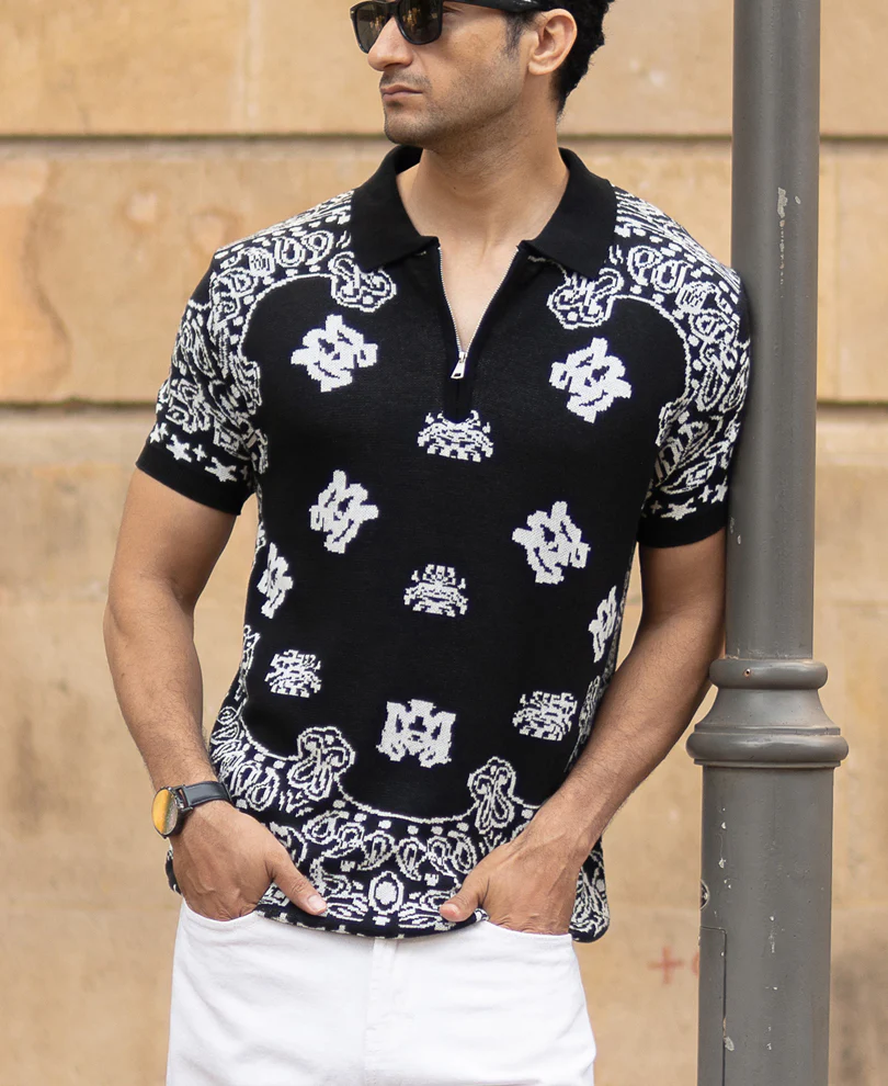 Black Bandana Knit Polo T-Shirt 100% Cotton - Image 3