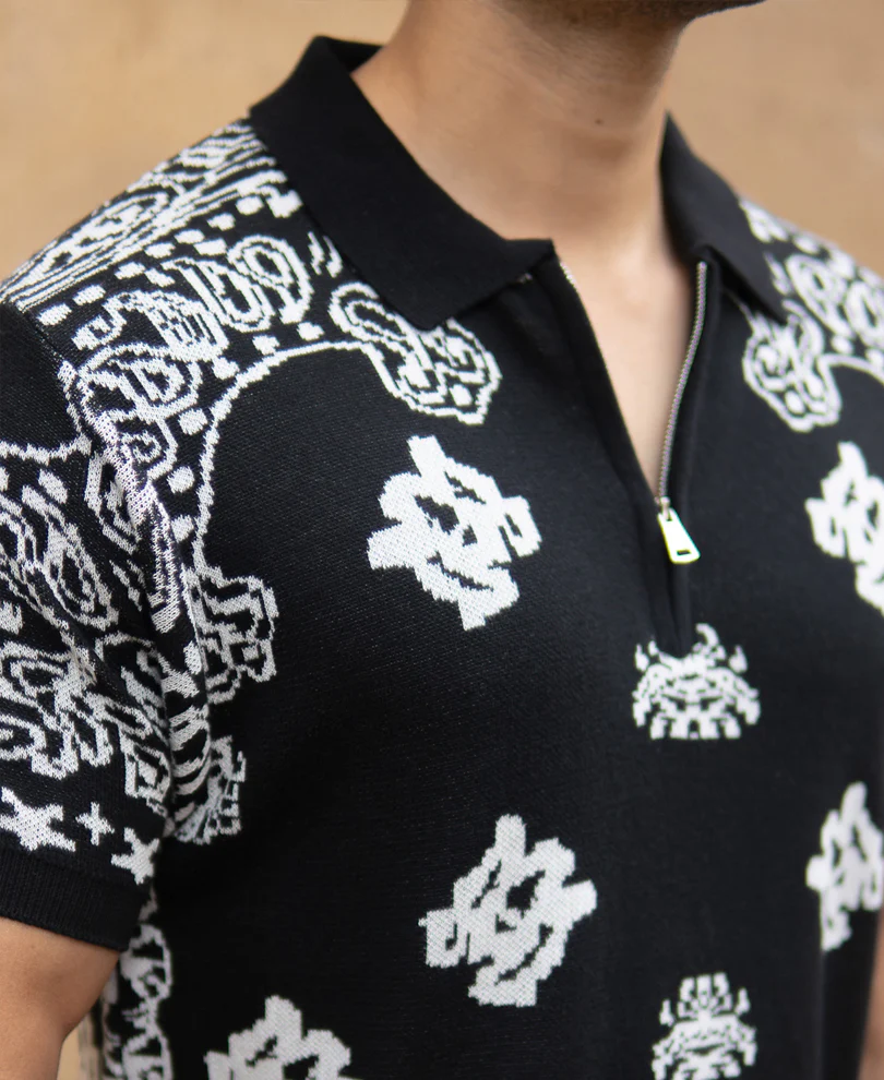 Black Bandana Knit Polo T-Shirt 100% Cotton - Image 4
