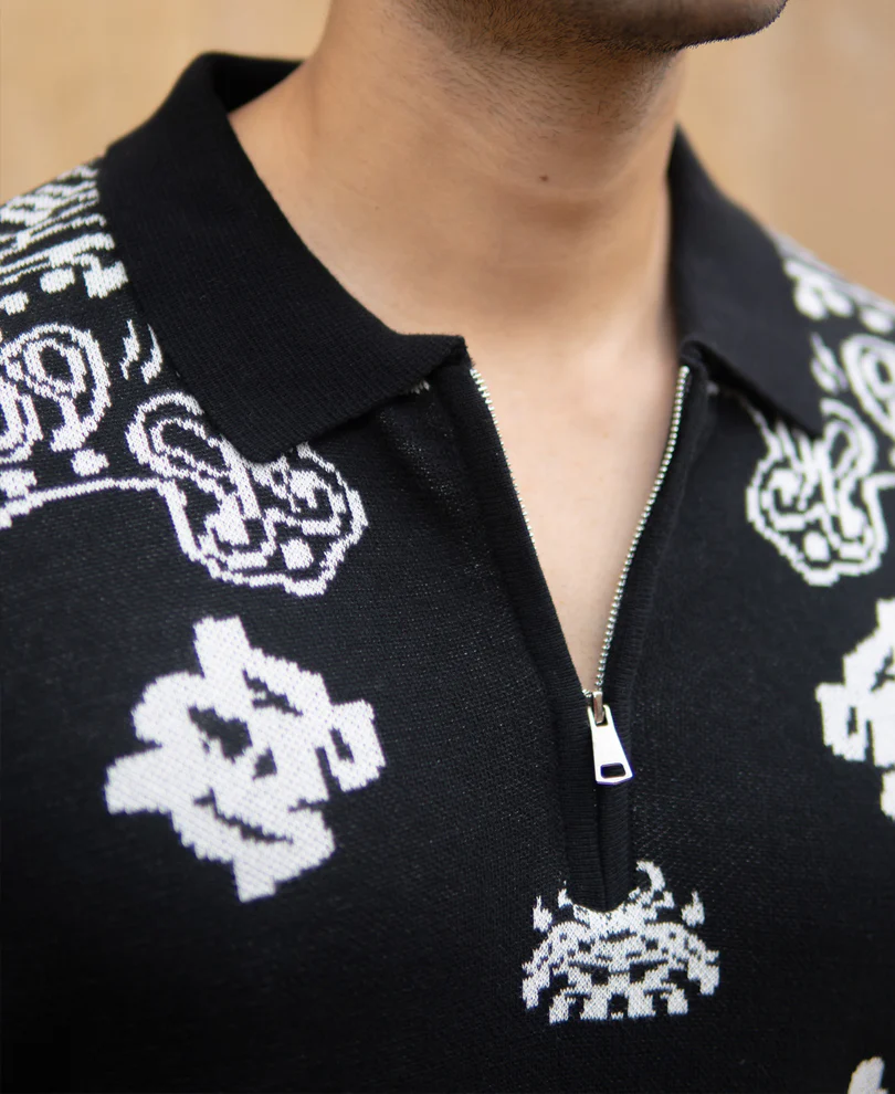 Black Bandana Knit Polo T-Shirt 100% Cotton - Image 5