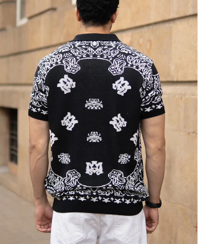 Black Bandana Knit Polo T-Shirt 100% Cotton - Image 6