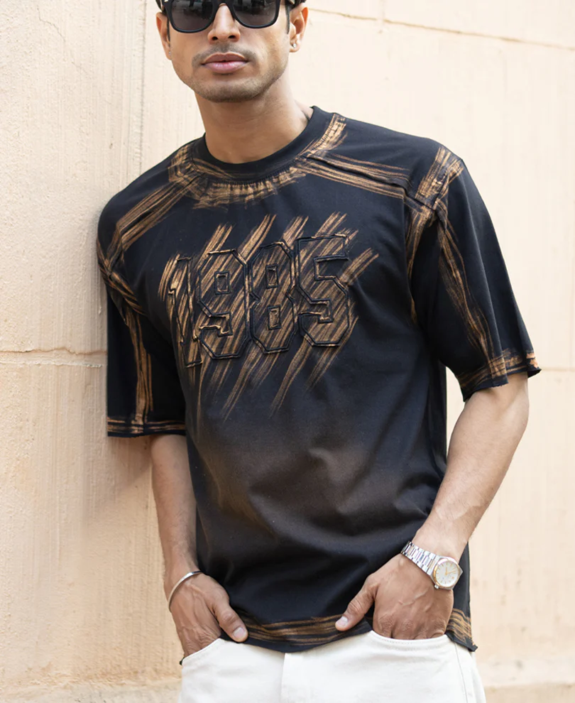 Black Bleached Applique T-Shirt 100% Cotton - Image 3