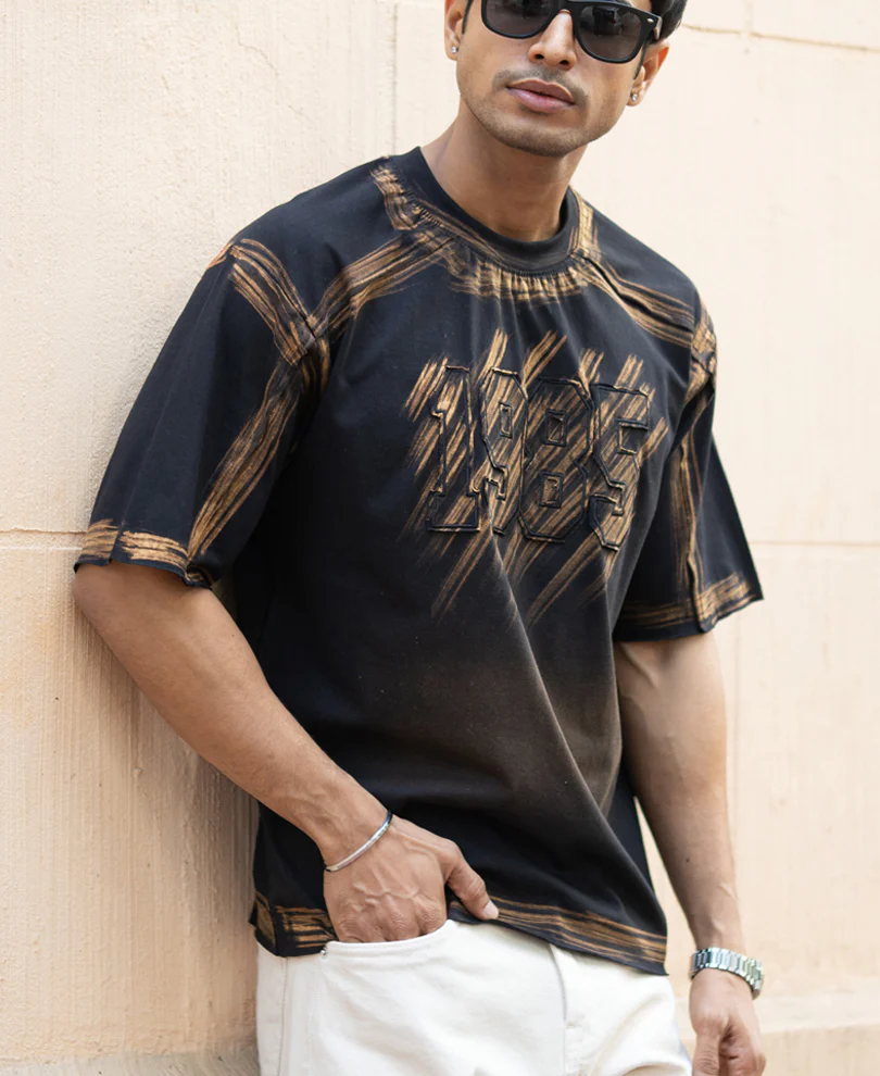 Black Bleached Applique T-Shirt 100% Cotton - Image 4