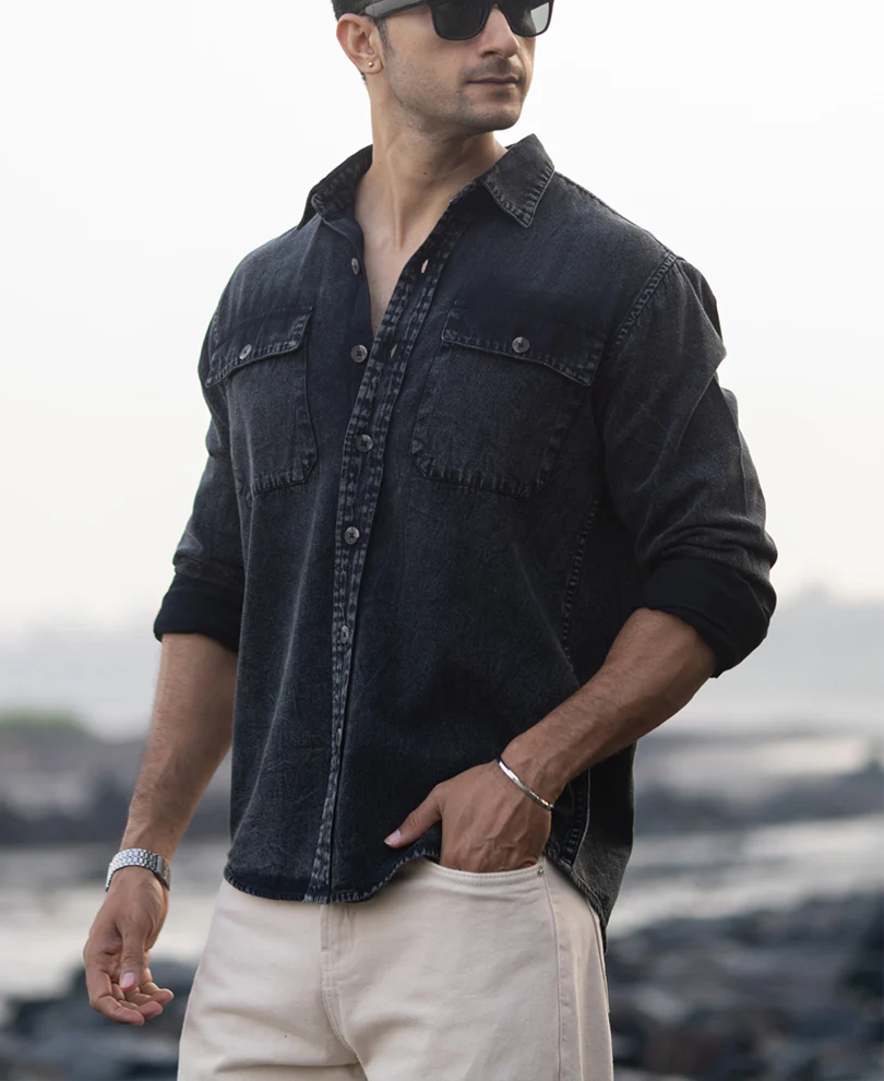 Black Charcoal Washed Denim Shirt 100% Cotton - Image 3