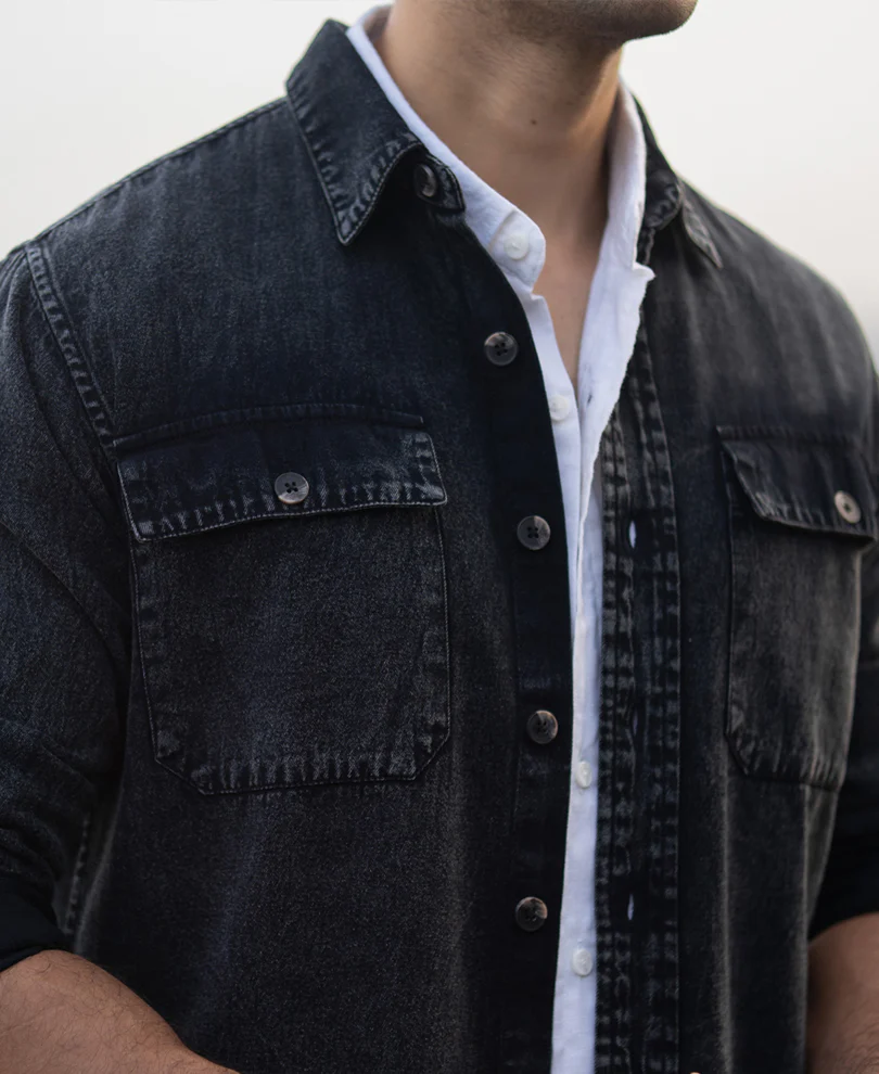 Black Charcoal Washed Denim Shirt 100% Cotton - Image 4