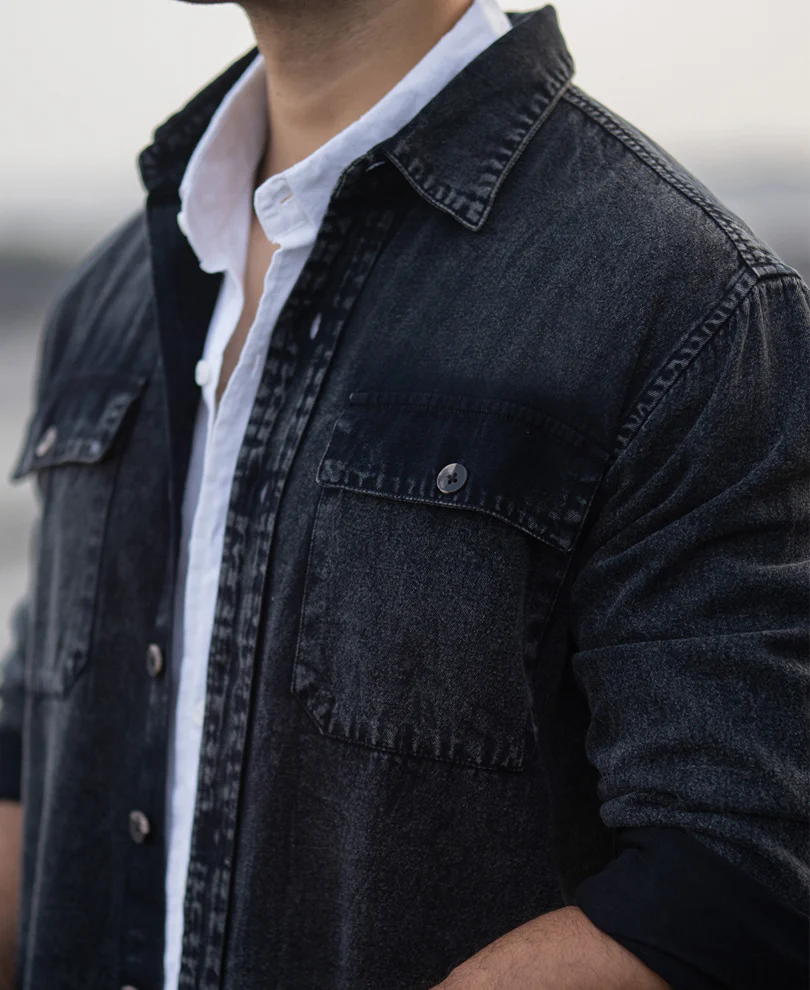 Black Charcoal Washed Denim Shirt 100% Cotton - Image 5
