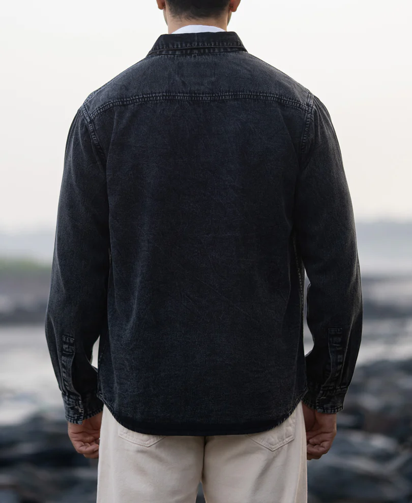 Black Charcoal Washed Denim Shirt 100% Cotton - Image 6