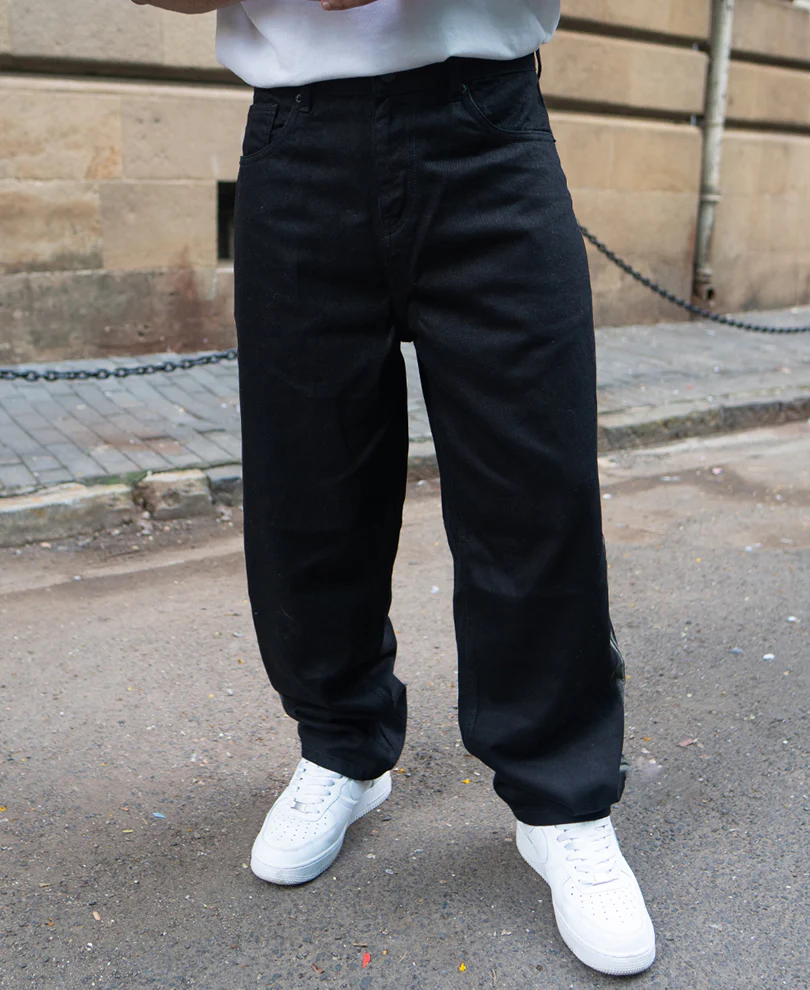 Black Contrast Detail Baggy Jeans 100% Cotton - Image 3