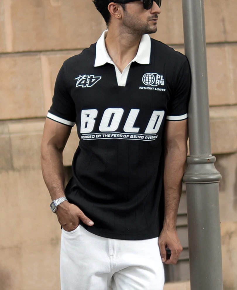 Black Contrast Embroidery T-Shirt 100% Cotton - Image 2