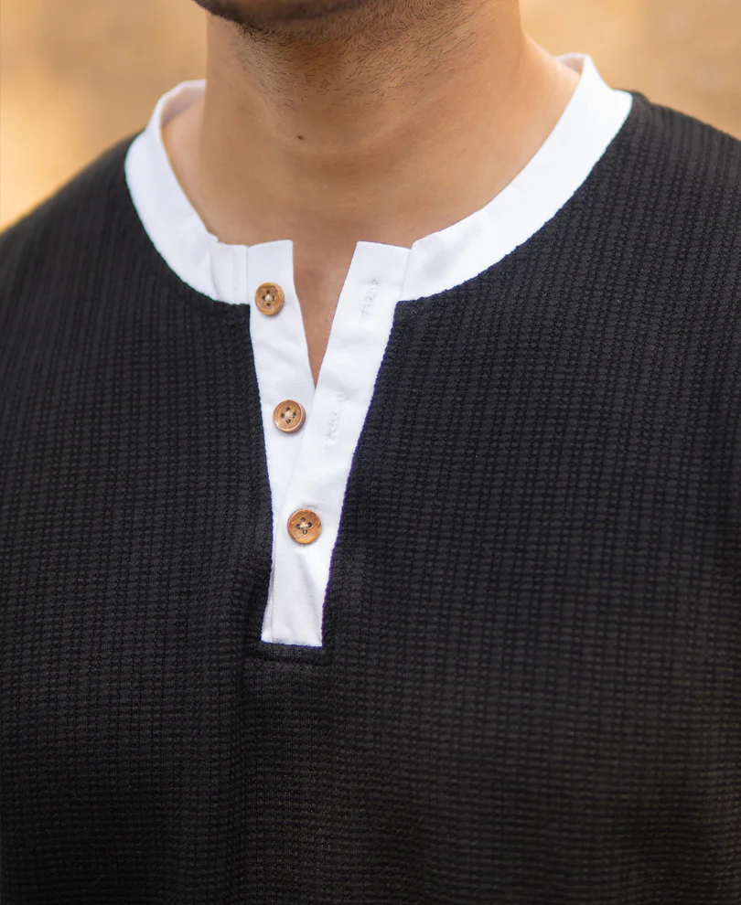 Black Contrast Henley T-Shirt - Image 4
