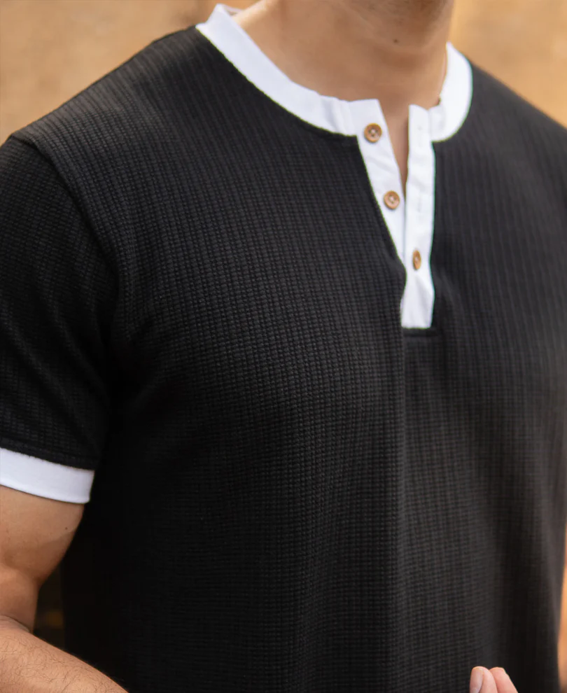 Black Contrast Henley T-Shirt - Image 5