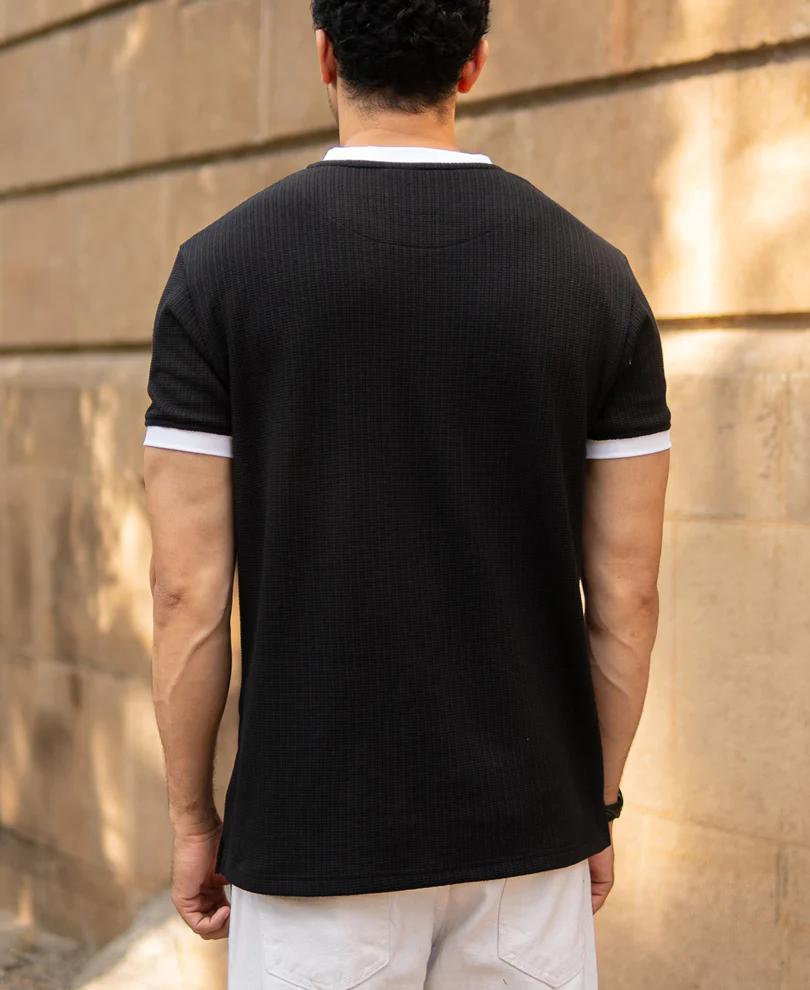 Black Contrast Henley T-Shirt - Image 6