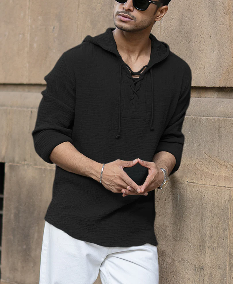Black Crinkled Hooded Shirt 100% Cotton - Image 2