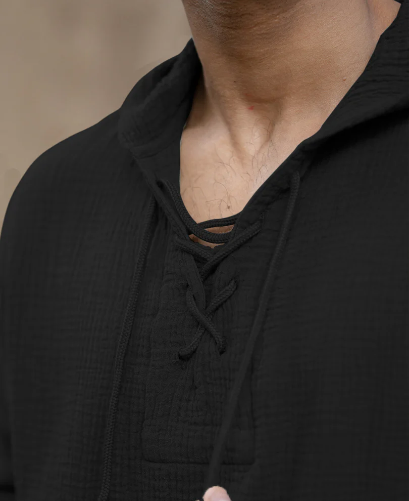Black Crinkled Hooded Shirt 100% Cotton - Image 3
