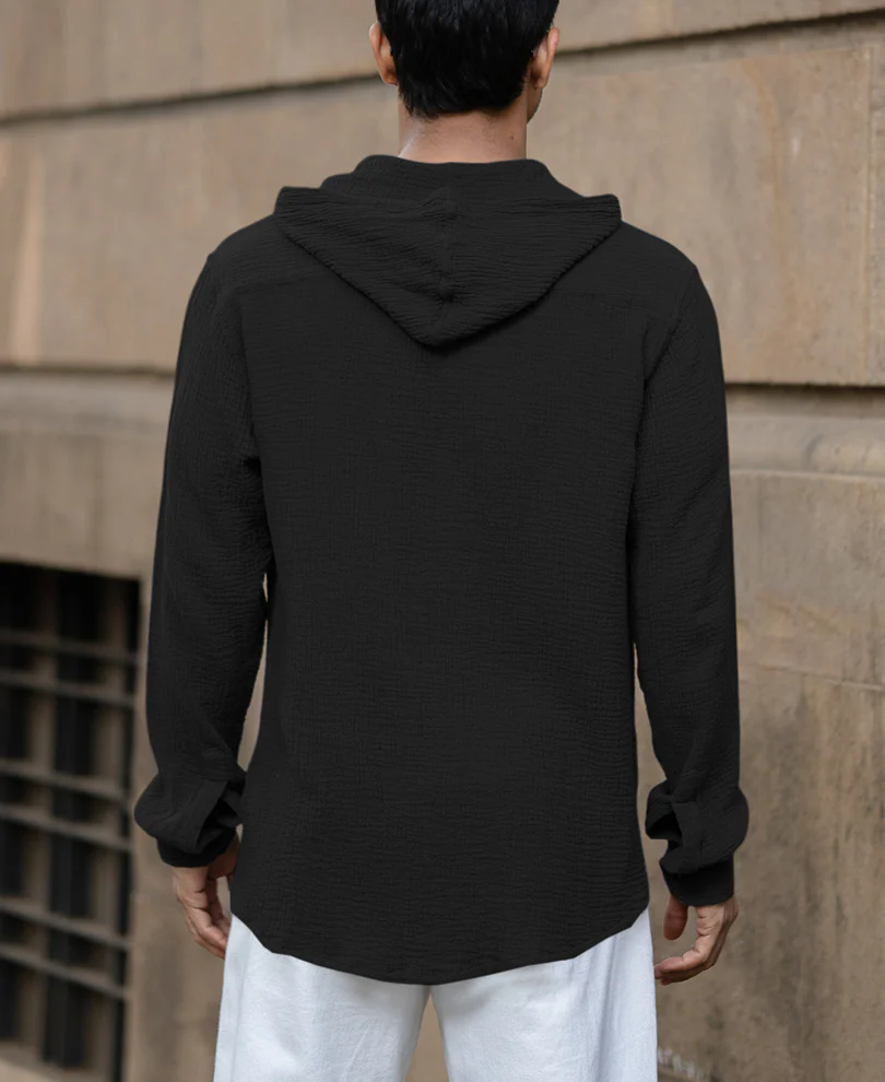 Black Crinkled Hooded Shirt 100% Cotton - Image 4