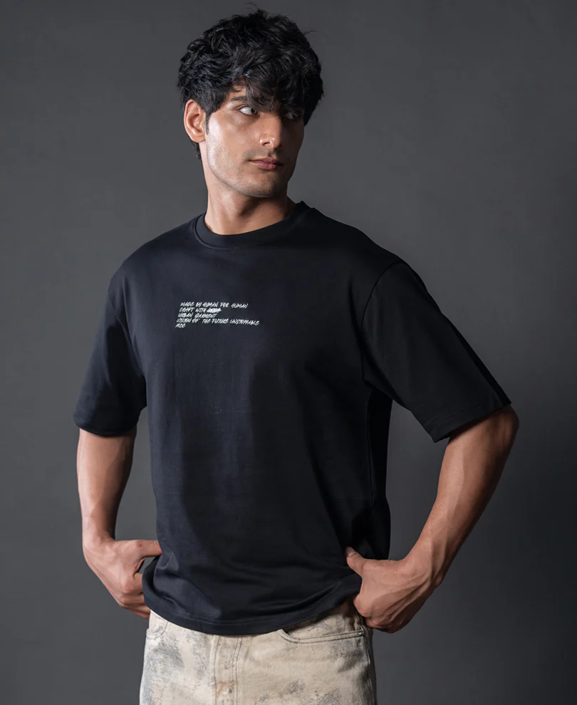 Black Crochet Patch Embroidered T-Shirt 100% Cotton - Image 2