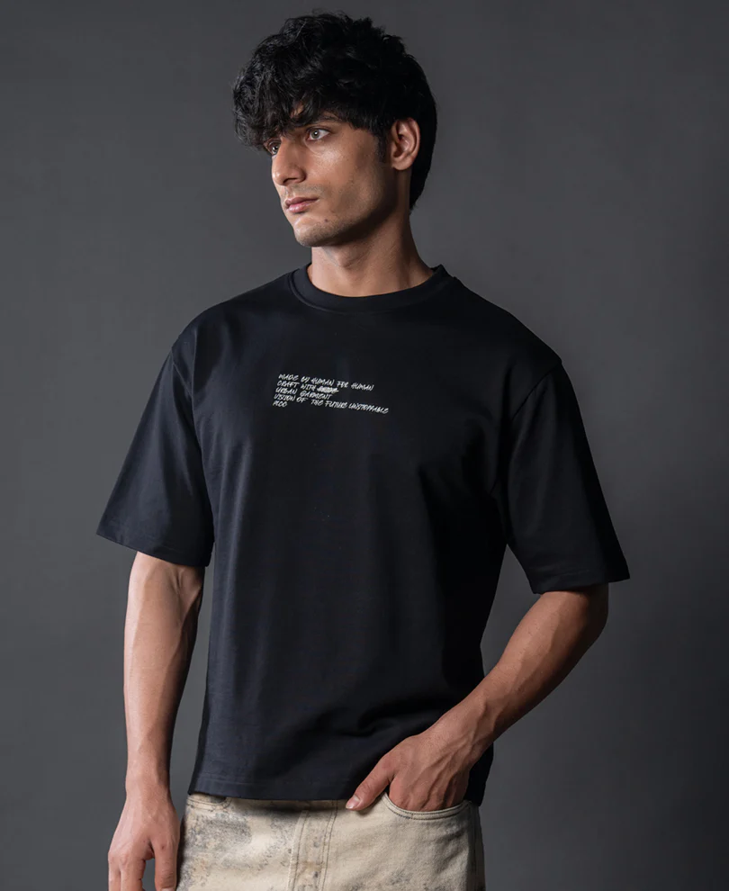 Black Crochet Patch Embroidered T-Shirt 100% Cotton - Image 3