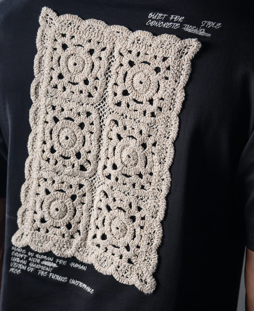Black Crochet Patch Embroidered T-Shirt 100% Cotton - Image 4