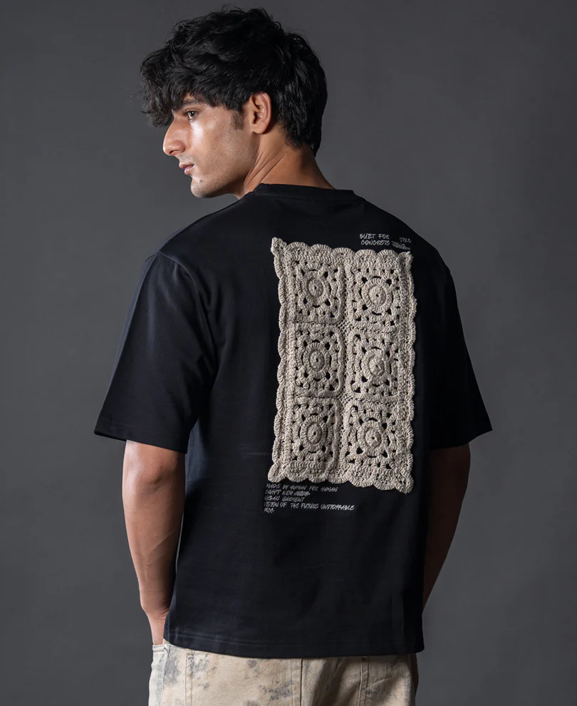 Black Crochet Patch Embroidered T-Shirt 100% Cotton - Image 6