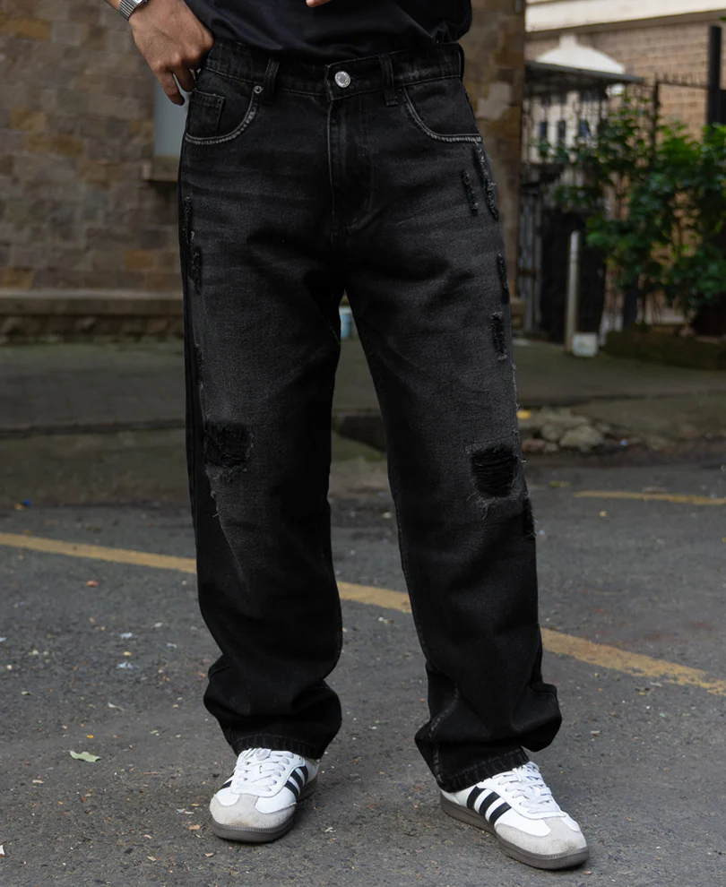 Black Distress Baggy Jeans 100% Cotton - Image 2