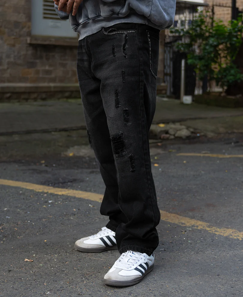 Black Distress Baggy Jeans 100% Cotton - Image 3
