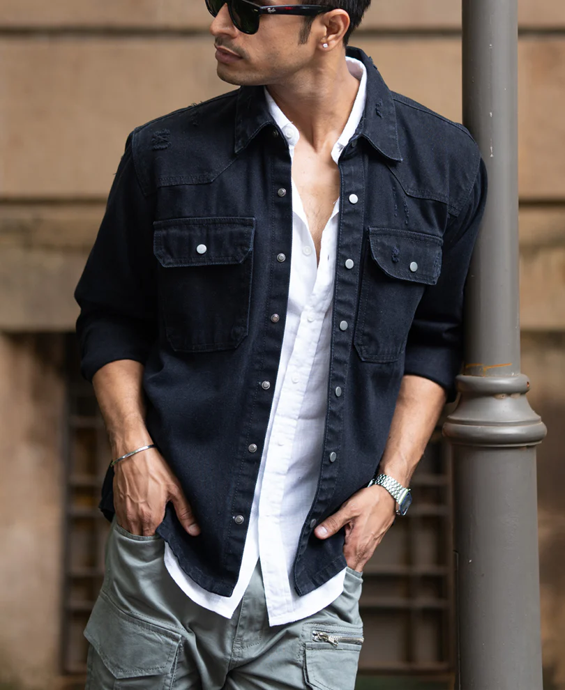 Black Distressed Denim Overshirt 100% Cotton - Image 3