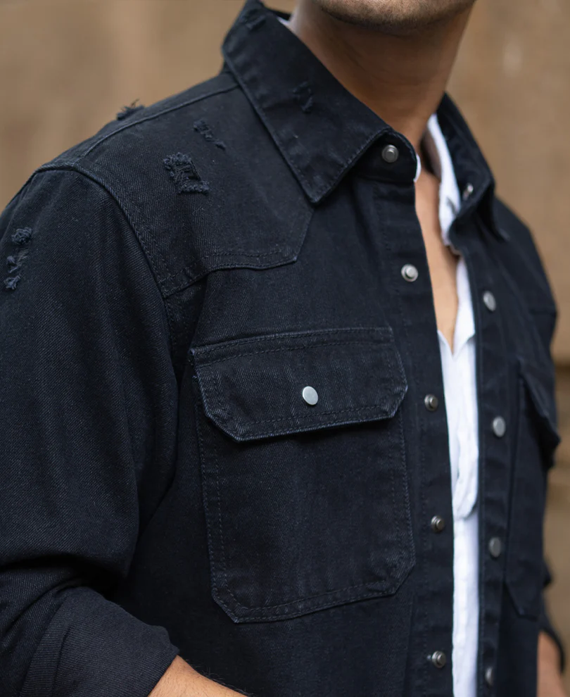 Black Distressed Denim Overshirt 100% Cotton - Image 5
