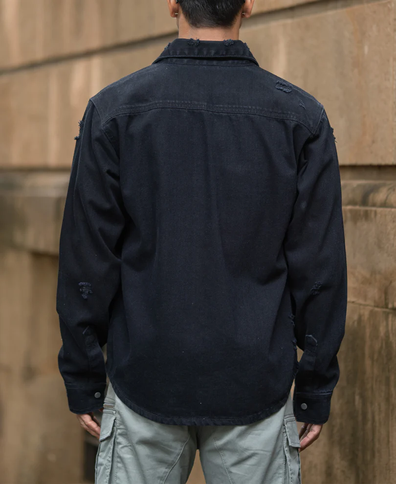 Black Distressed Denim Overshirt 100% Cotton - Image 6