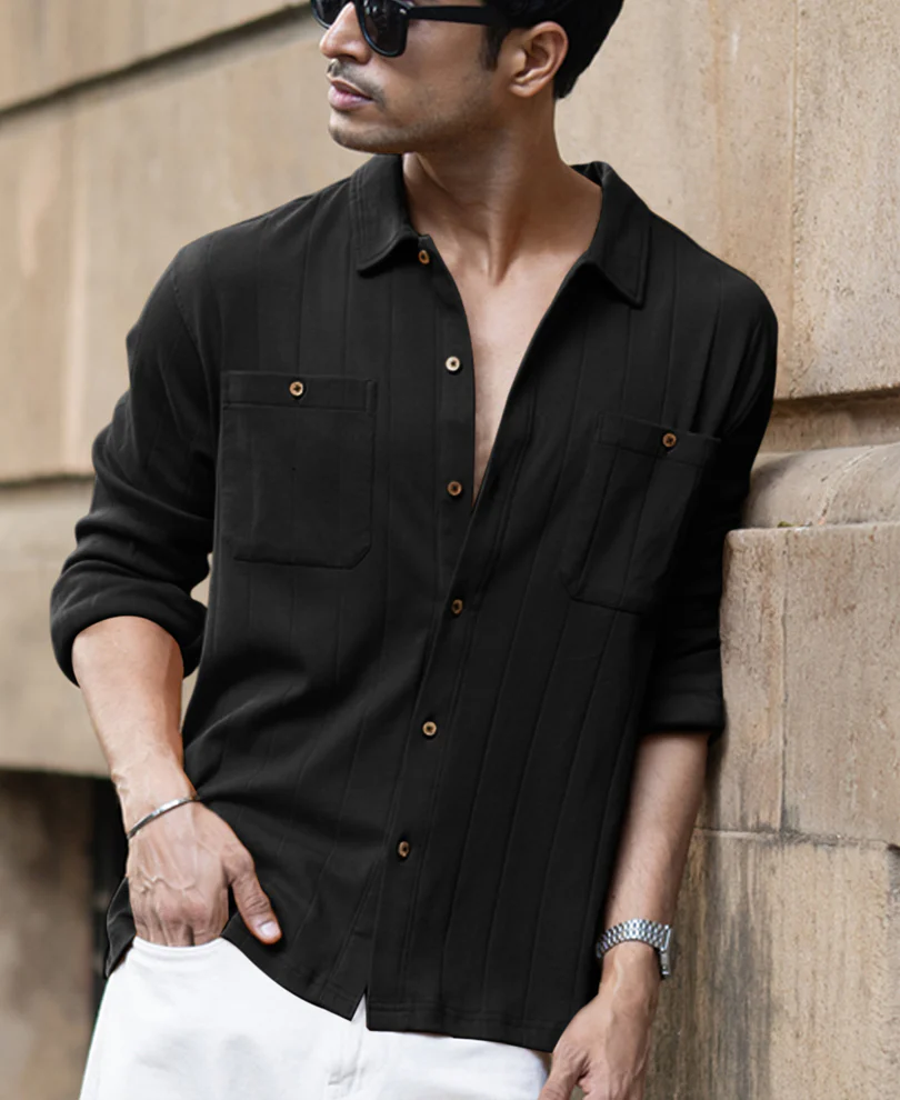 Black Double Pocket Knit Shirt 100% Cotton - Image 2
