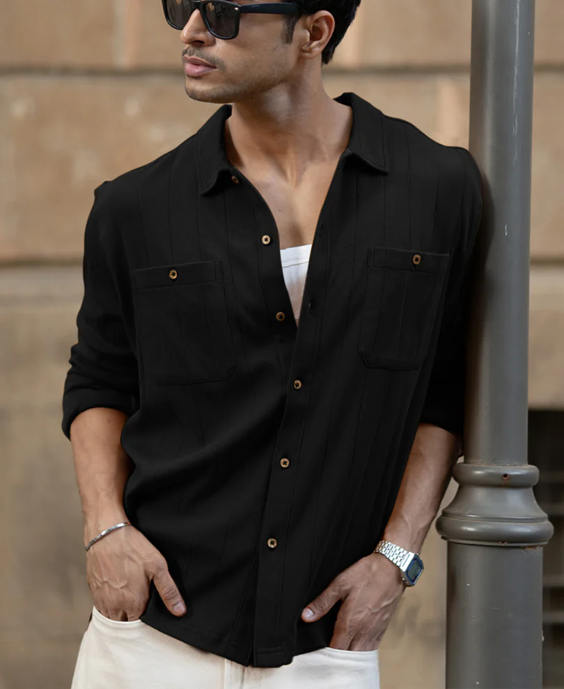 Black Double Pocket Knit Shirt 100% Cotton - Image 3