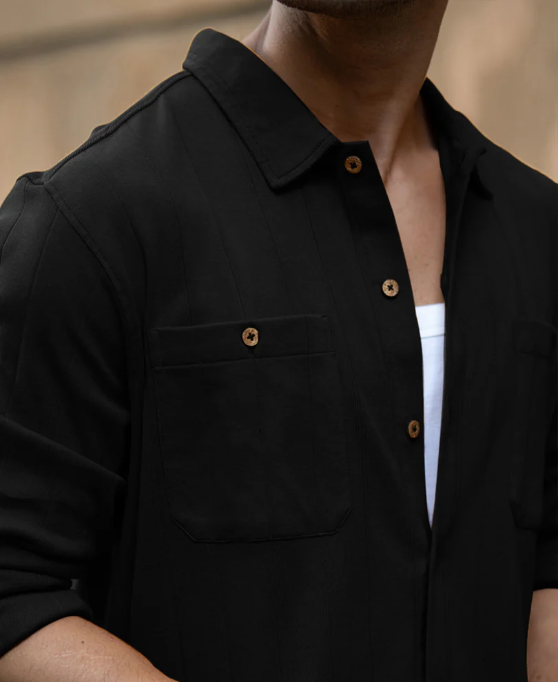 Black Double Pocket Knit Shirt 100% Cotton - Image 4