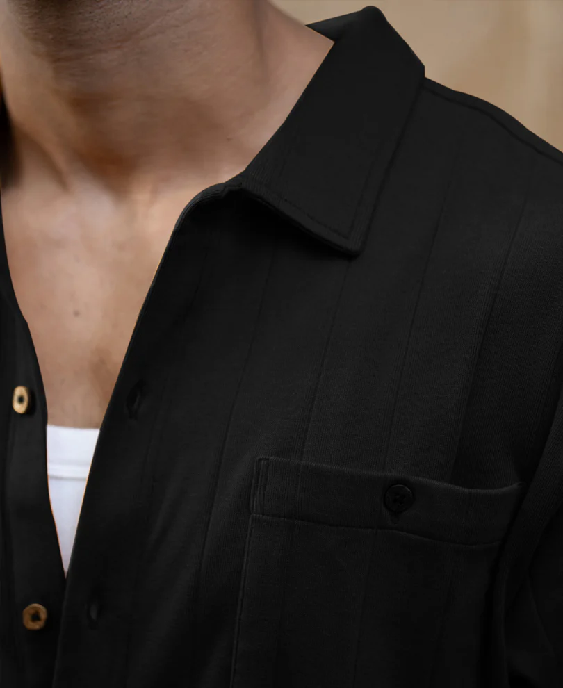 Black Double Pocket Knit Shirt 100% Cotton - Image 5