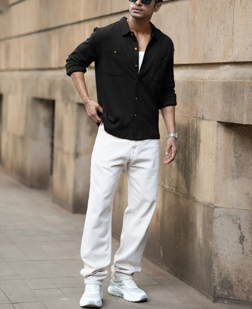 Black Double Pocket Knit Shirt 100% Cotton - Image 7