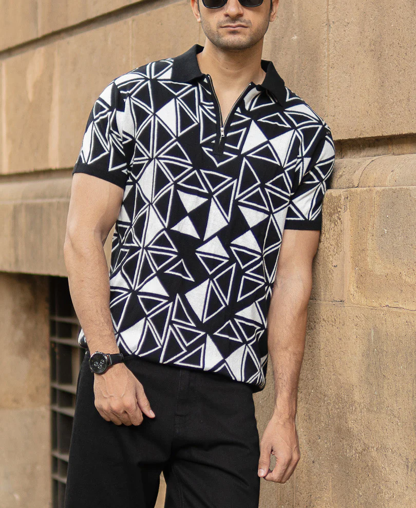 Black Geometric Knit Polo T-Shirt 100% Cotton - Image 3