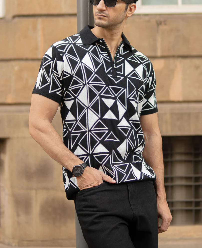 Black Geometric Knit Polo T-Shirt 100% Cotton - Image 4