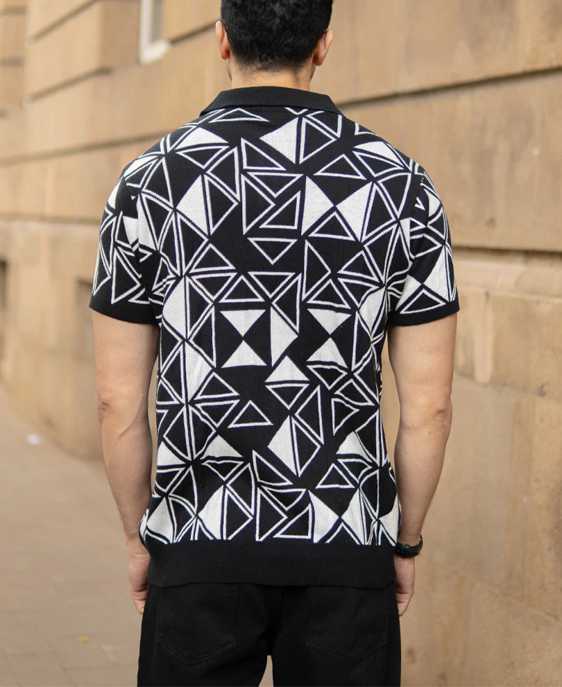 Black Geometric Knit Polo T-Shirt 100% Cotton - Image 5
