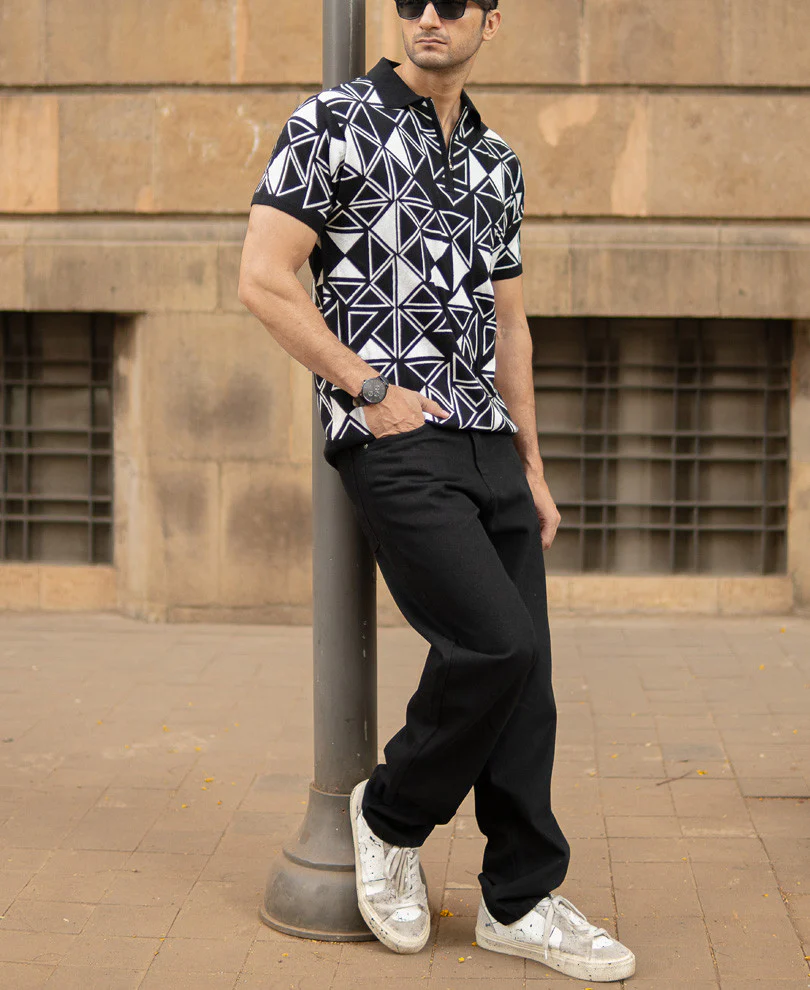 Black Geometric Knit Polo T-Shirt 100% Cotton - Image 6