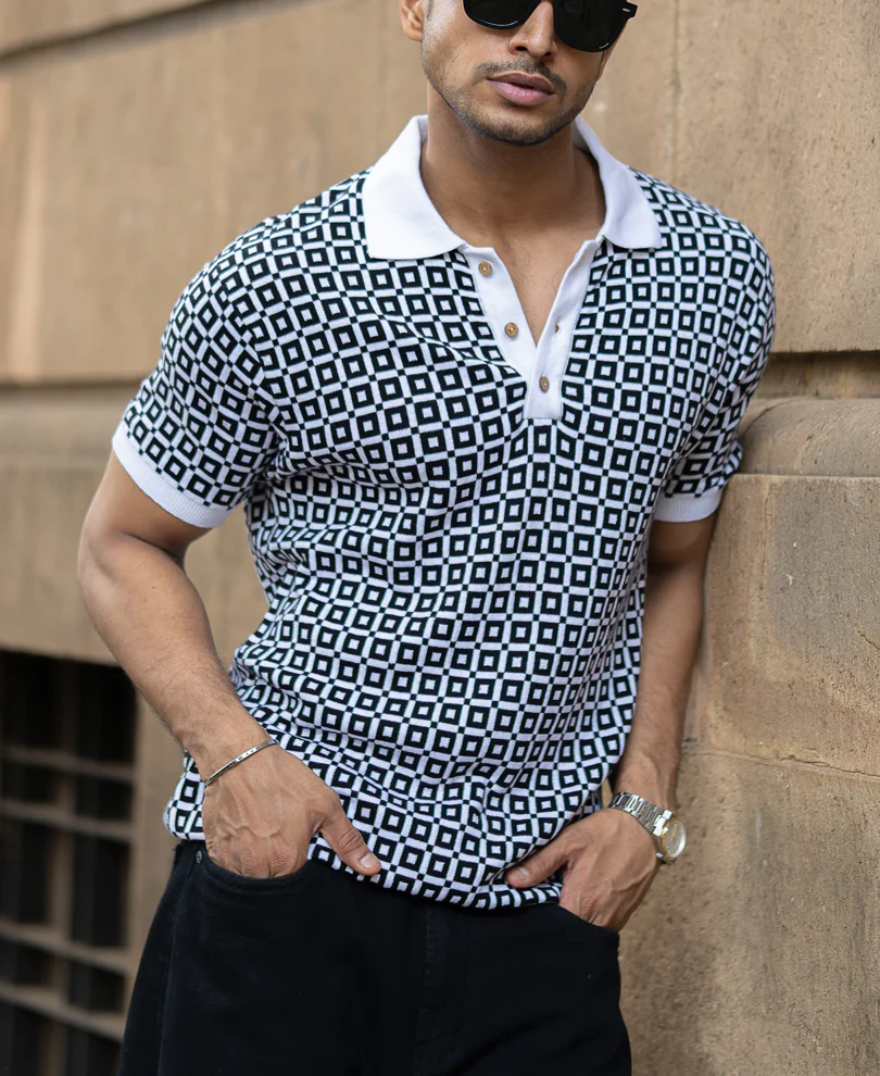 Black Jacquard Contrast Collar T-Shirt 100% Cotton - Image 2