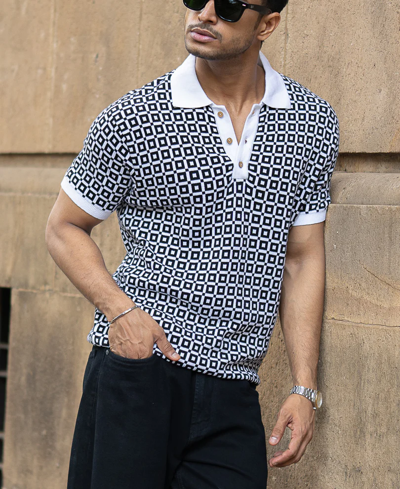 Black Jacquard Contrast Collar T-Shirt 100% Cotton - Image 3