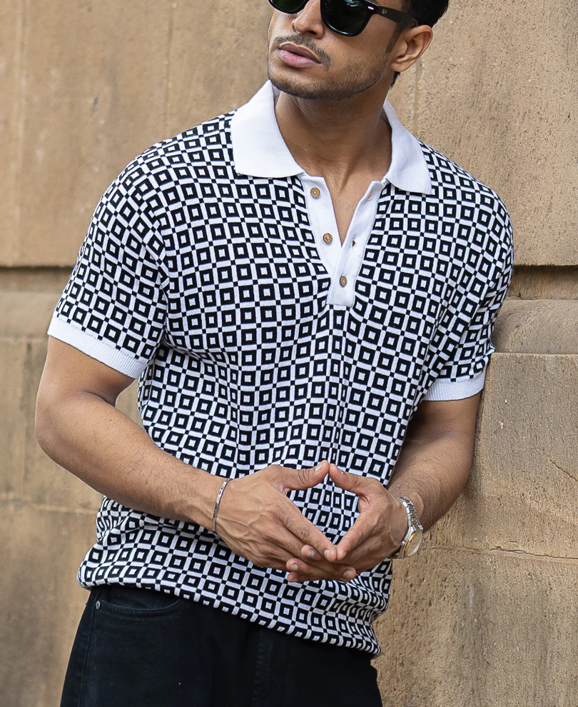 Black Jacquard Contrast Collar T-Shirt 100% Cotton - Image 4