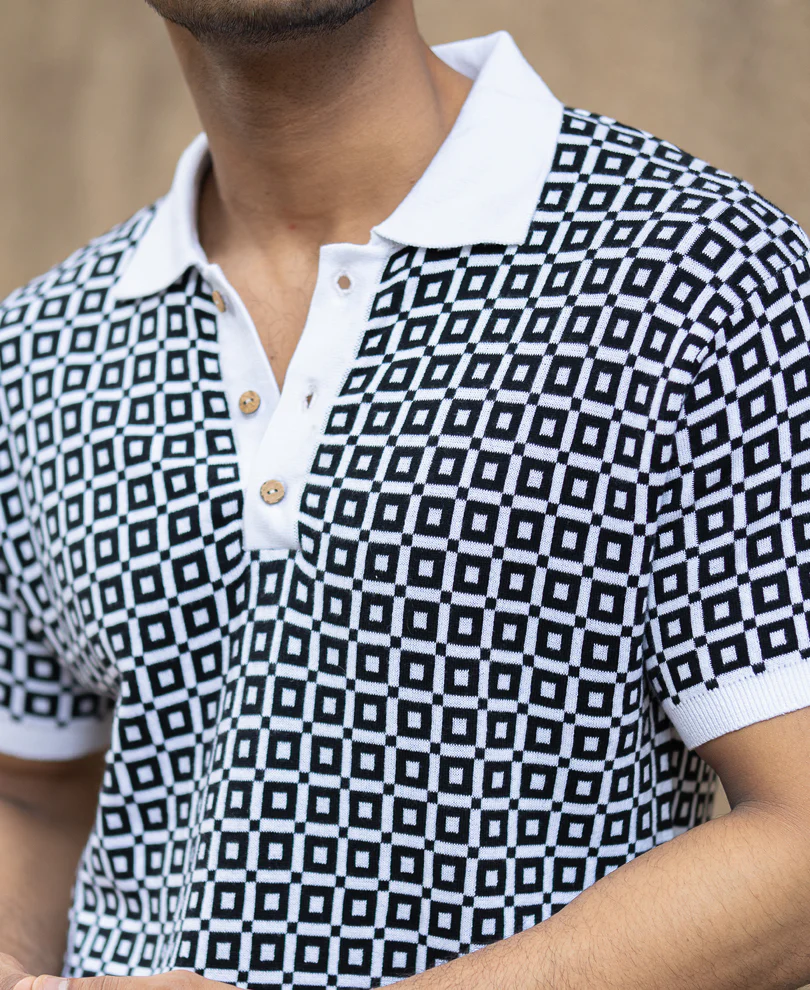 Black Jacquard Contrast Collar T-Shirt 100% Cotton - Image 5