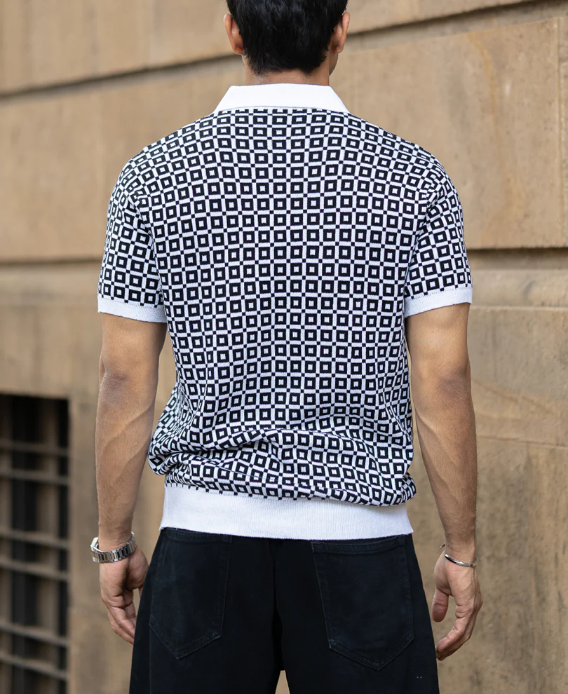 Black Jacquard Contrast Collar T-Shirt 100% Cotton - Image 6
