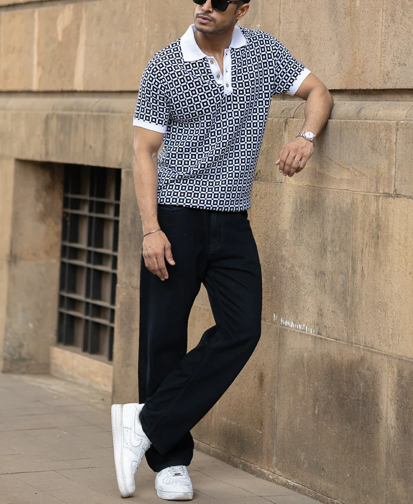 Black Jacquard Contrast Collar T-Shirt 100% Cotton - Image 7