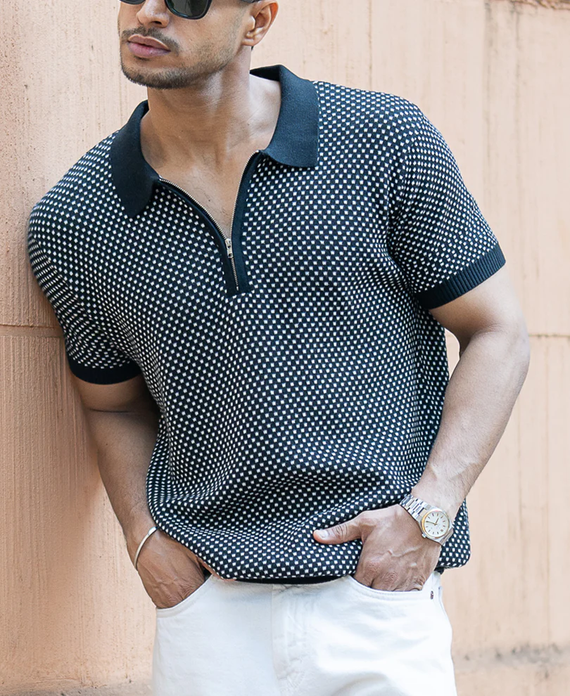 Black Jacquard Knit Polo T-Shirt 100% Cotton - Image 2