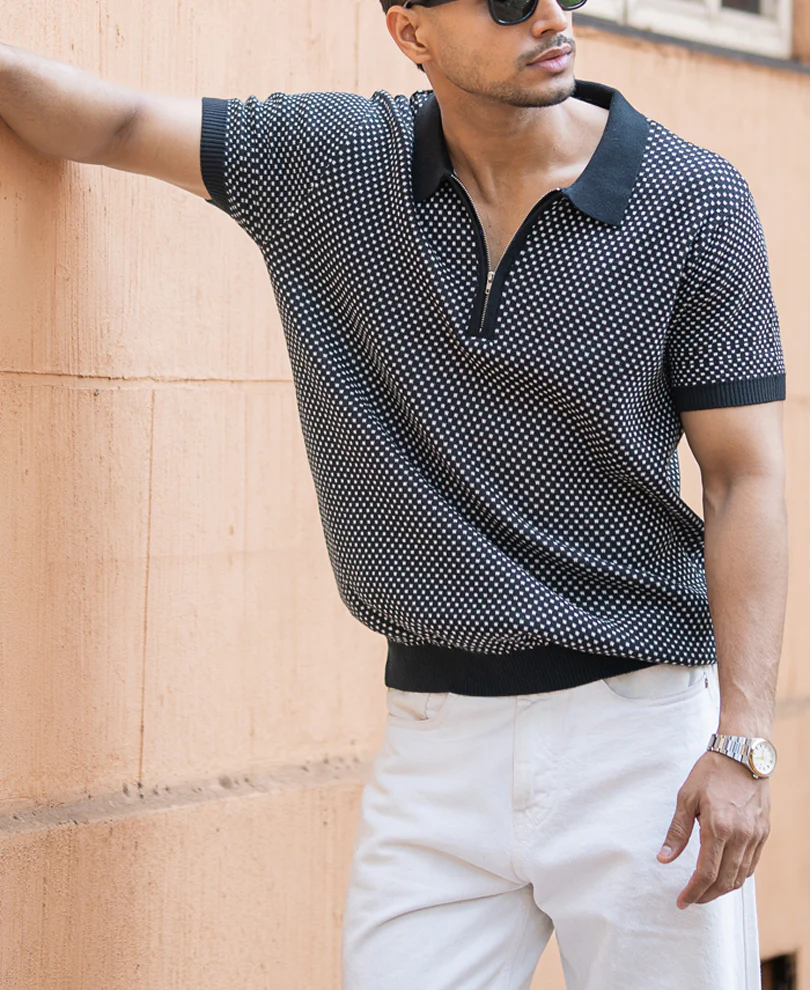 Black Jacquard Knit Polo T-Shirt 100% Cotton - Image 3